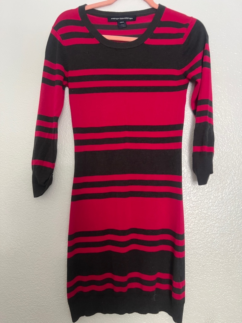 French Connection Red and Black Striped Long-Sleeve Knit Dress